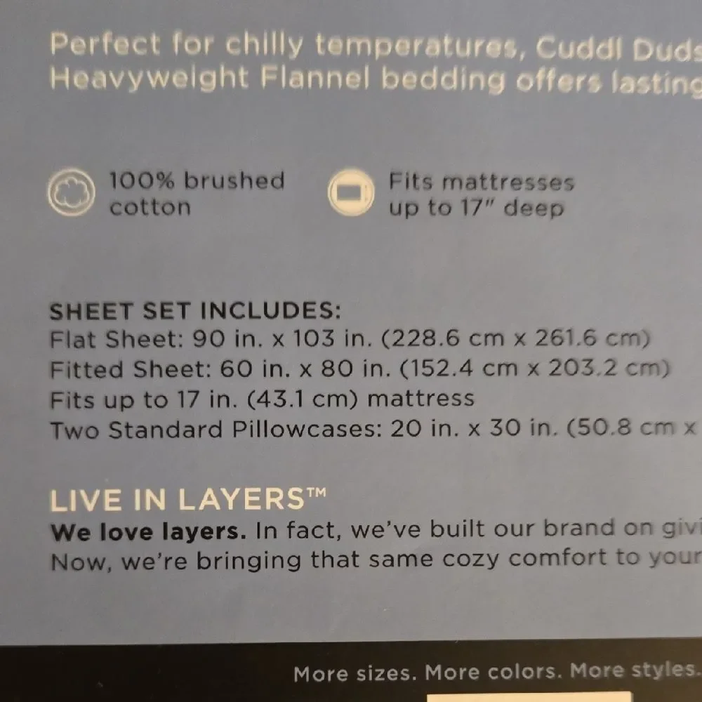 Cuddl Duds Heavyweight Flannel Set 100%Brushed Cotton